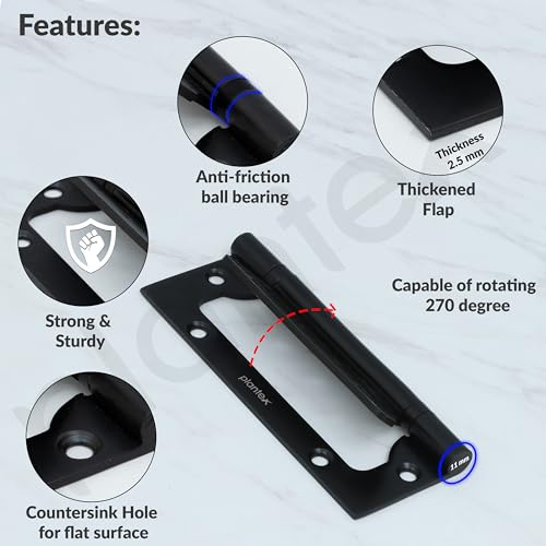 Image of Plantex Butterfly Hinges for Door /Stainless Steel Door Hinges /5 Inch x 14 Gauge Hinge /2.5 mm Hinges for Home /Office /Hotel /Non-Mortise Hinge - Pack of 4 (Black)