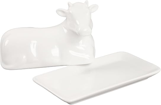 Porcelain Butter Dish with Lid, Butter Holder, Cow Figurine Shape, Suitable for East and West Coast Butter, White Butter Tray, Kitchen Gift Decoration, 7.4 inches