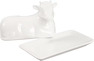 Porcelain Butter Dish with Lid, Butter Holder, Cow Figurine Shape, Suitable for East and West Coast Butter, White Butter Tray, Kitchen Gift Decoration, 7.4 inches