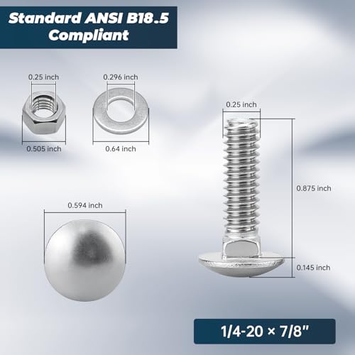 Image of 1 /4-20 x 7 /8 Inch Carriage Bolt Kit, 304 Stainless Steel (18-8) with Hex Nuts & Flat Washers - 10 Sets, Round Head Square Neck, Full Thread Coverage by Glvaner