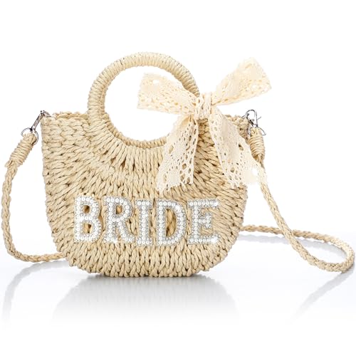 Pinkunn Bride Gift Bag Straw Purse Bachelorette Party, Bride Plush Ball