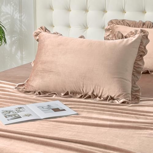 Image of Velvet Plush Flannel Sheet Set - Queen Size 4-Piece - Ruffled Edge Design, 16 Inch Deep Pocket, Anti-Pilling & Fade Resistant - 220 GSM Breathable Luxury All-Season Bedding, Khaki