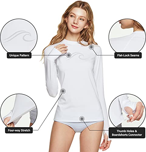 Athlio Women's Upf 50+ Rash Guard, Long Sleeve Surfing Swimsuit Top, Uv/Spf Water Beach Swim Shirts, Thumb Hole White, Medium #TOP4