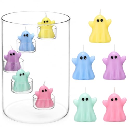 OBreezify 5 Pcs Halloween Glass Hurricane Candle Holder with Ghost Candles, Clear Cylinder Candle Holder for Halloween Party Table Shelf Home Decorations(Colorful Ghost)