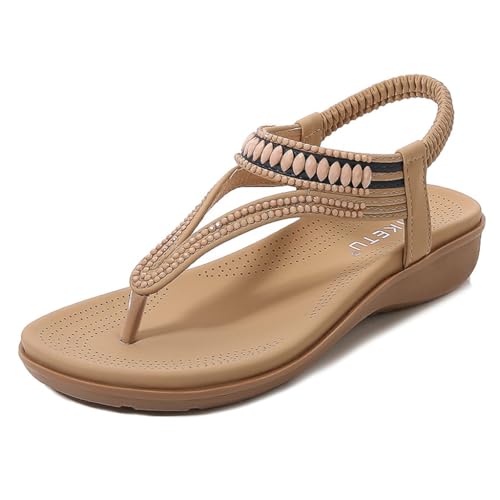 JOEUSTY Women's Bohemian Rhinestone T-strap Flat Sandals Summer Comfortable Flipflops Embellished Beach Thong Sandal Apricot 8 M US