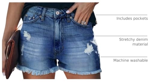 ZOLUCKY Women's Jean Shorts Stretchy Ripped Mid Waisted Frayed Raw Hem Denim Shorts Navy M by ZOLUCKY - Used condition - US$18.99