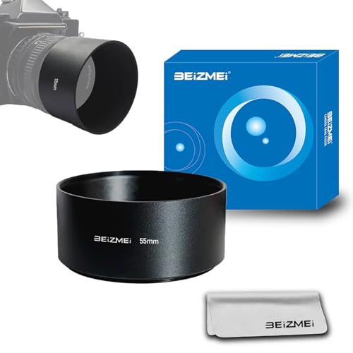 Capuchon métallique 55mm pour Objectif,Compatible avec Tous Les objectifs Photo au Pas de Filetage 55mm (modèle Universel)+Chiffon de Nettoyage pour objectifs.(55mm Standard Prime Lens Hood)