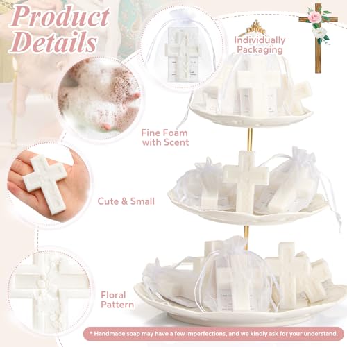 Image of 50 Pack Cross Scented Soap Baptism Favors with Cards Bags Guest Gifts,White | Cross Scented Soap Favors with Card and Bag, Ideal Baptism Gift for Boy and Girl, Christening Favor, Baby Shower Party Decor