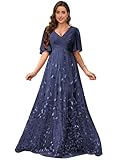 Mollyevers Navy Blue Plus Size Mother of the Bride Dresses with Sleeves Long Sparkly Floral Sequin Formal Dress Size 16W