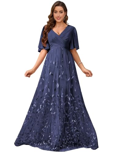 Mollyevers Navy Blue Plus Size Mother of the Bride Dresses with Sleeves Long Sparkly Floral Sequin Formal Dress Size 16W