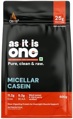 AS-IT-IS One Micellar Casein - Slow Releasing Protein, Unflavoured & Unsweetened 500gms, Supports Muscle Repair & Growth, Ideal for Nighttime Recovery