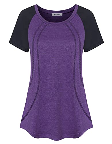 AxByCzD Workout Clothes for Women Short Sleeve Tops Color Block Round Neck Loose Soft Comfort Quick Dry Exercise Hiking Cycling Pilates Aerobics Yoga Activewear Purple XX-Large
