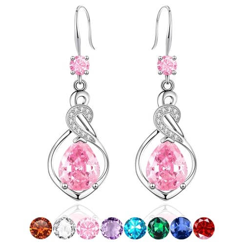 Image of Silver Drop Earrings for Women, Hypoallergenic Sterling Silver Post Cubic Zirconia Dangly Earrings Twisted Linear Pink Earring Birthstone Jewellery Gifts for Birthday Anniversary Christmas