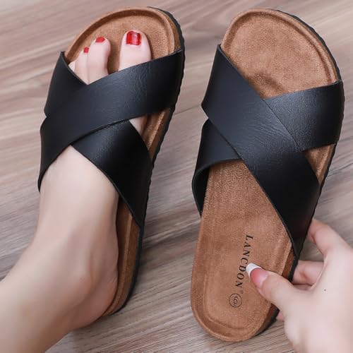Image of Sandals Women Wide Width, Cork Footbed Arch Support Summer Beach Slide Sandals, Adjustable Strap for Wide Feet