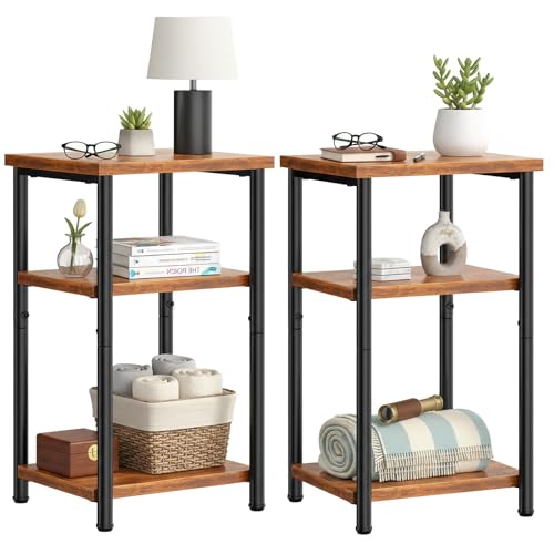 DUMOS End Tables Set of 2, Small Side Table, Nightstand for Small Spaces | 3-Tier Open Storage Shelves with Metal Frame Industrial Accent Stand, Bedroom, Rustic Brown