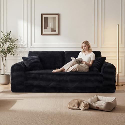 Modern 3 Seater loveseat Sofa, Comfy Deep Seat Boneless Couch with 2 Pillows, Plush Corduroy Fabric couches for Living Room, Bedroom and Apartment (Black, 86.6" Seater Sofa)