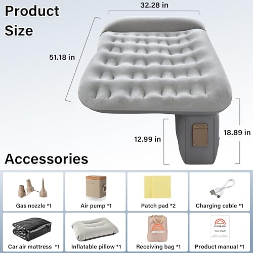 Image of Coverado Car Air Mattress Back Seat, Portable Wireless Inflatable Bed with Built in Air Pump&Pllow, Storage Bag, Patch Kit, Universal Back Seat Bed Sleeping Pad Fit Most Car Suvs, L-51,W-32