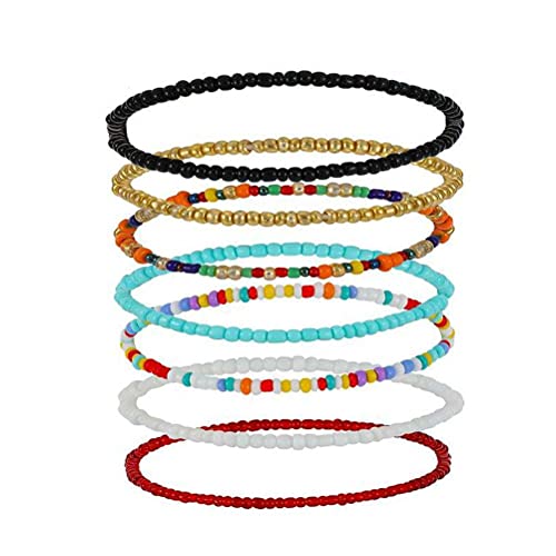 Mllyon Multilayered Anklets for Women Girls, Boho Handmade Beads 7Pcs Set, Colorful Women Ankle Bracelets Beaded, Elastic Foot and Hand Chain Jewelry
