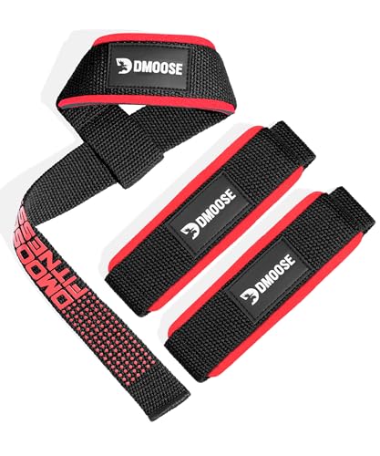 DMoose Fitness Correas de levantamiento – Correas de muñeca acolchadas de neopreno de 4 mm para levantamiento de pesas y levantamiento de potencia – Correa de elevación de algodón con agarre de