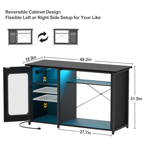Hyomdeck 55-75 Gallon Fish Tank Stand with Power Outlets & LED Light, Reversible Heavy Duty Metal Aquarium Stand with Cabinet for Fish Tank Accessories Storage, Turtle/Reptile Terrariums, Black