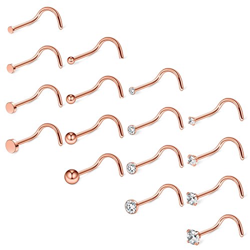 Ruifan 16PCS 18G Surgical Steel 1.5mm 2mm 2.5mm 3mm Top Flat & Ball & Clear Round & Jeweled Clear CZ Curved Nose Stud Ring Screw Piercing Jewelry - Rose Gold
