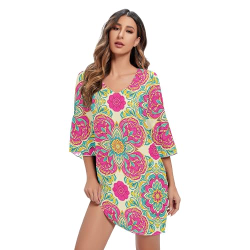 Robe trapèze mousseline de soie femme col en V robe bohème mandala d'été légère
