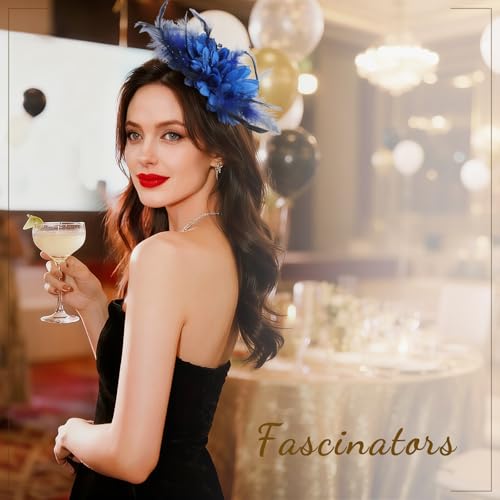 Image of DRESHOW Womens Fascinators Hats Tea Party Hats for Women Pearl Lace Feather Hat Vintage Derby Hats for Wedding Cocktail