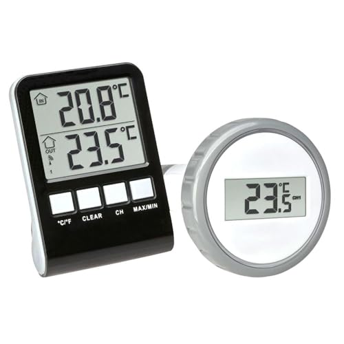 TFA Dostmann Digitales Funk Poolthermometer Palma, 30.3067.10, für Schwimmbad/Teich/Pool/Eisbad/Whirlpool, inkl Innenthermometer, Max-Min Werte, 60m Reichweite, 70 x 23 x 98 mm, anthrazit