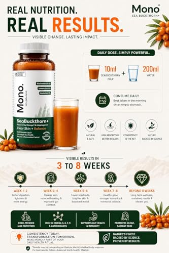 Image of Mono Bioholistic Sea Buckthorn Juice | For Acne, Pigmentation, Skin Balance & Glow | Lab Tested | Supports Immunity & Gut Health | Omega-3 6 7 9, Niacinamide( Vit B3) , Zinc & Curcumin 95% | 300ml | No Added Sugar Pack of 2