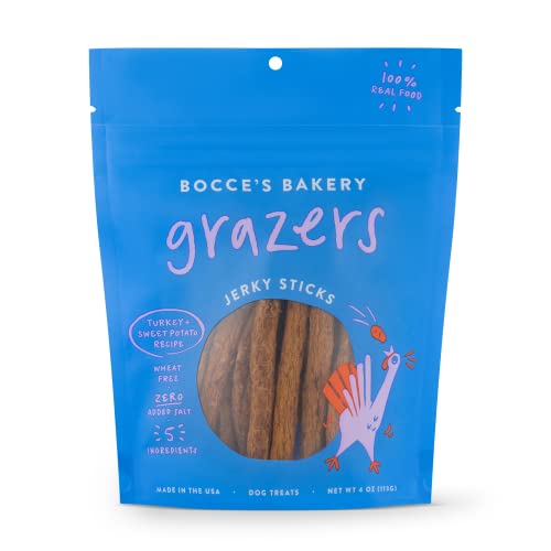 Bocce’s Bakery Grazers Dog Treats, Wheat-Free Jerky Sticks For Dogs, Made With Limited-Ingredients, Baked In The Usa With No Added Salt Or Sugar, All-Naural & High-Protein, Turkey & Sweet Potato, 4 Oz #TOP20