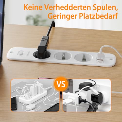 Listwa zasilająca do zabudowy z 4 USB, 3-krotna listwa zasilająca do zabudowy z przełącznikiem, gniazdko do zabudowy z 2 gniazdami USB A+2 USB C (PD 20 W), listwa zasilająca z kablem spiralnym 2 m, do