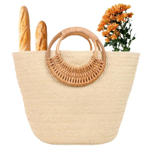 Cute Tote Bag for Lunch&Grocery Resuable Straw Bags Shopper Handbag with Top Handle Beach Travel Shopping Picnic