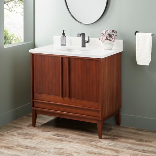 Signature Hardware 955207-36-RUMB-1 Sybill 36" Freestanding Mahogany Single Basin Vanity Set with Cabinet, Vanity Top, and Rectangular Porcelain Sink - Single Faucet Hole - Washed Walnut/Arctic