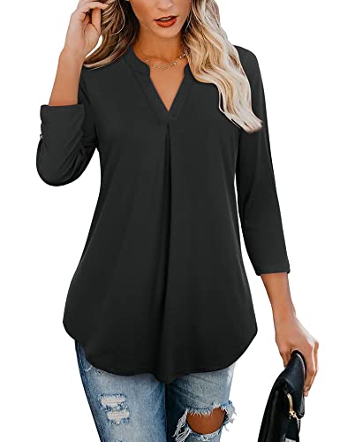Gaharu Work Tunics For Women Office Summer Dressy Blouse V Neck 3/4 Tunic Shirt Fitted Casual Top Black,Large #TOP16