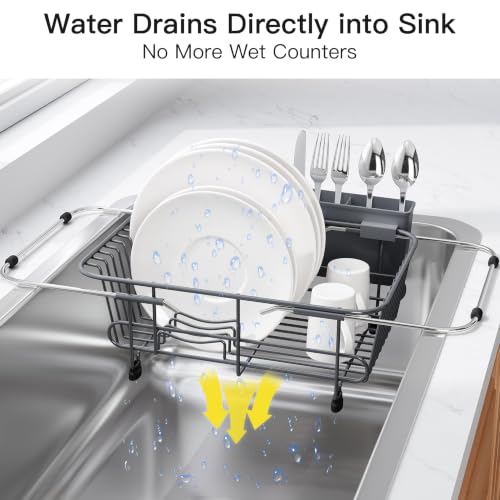 Image of JASIWAY Gray Dish Drying Rack in Sink with Utensil Holder, RV, Apartment