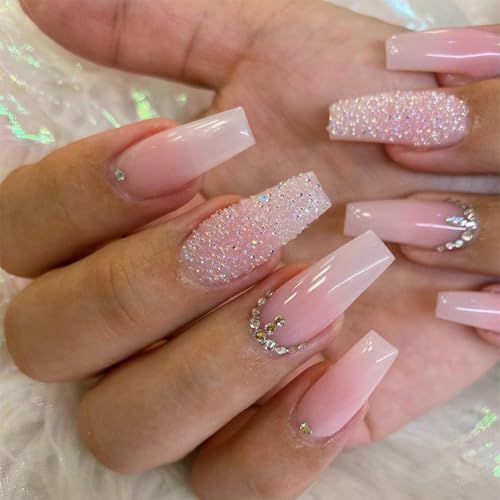 IQXGE Long Press on Nails Square Glossy False Fake Nails Press ons Full Cover Artificial Stick on Nail with White Pink Gradient Fake Nail Rhinestones Design 24Pcs Reusable for Women and Girls