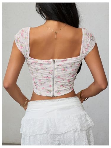 Image of Floerns Women's Off Shoulder Short Sleeve Asymmetrical Hem Ruched Corset Crop Top