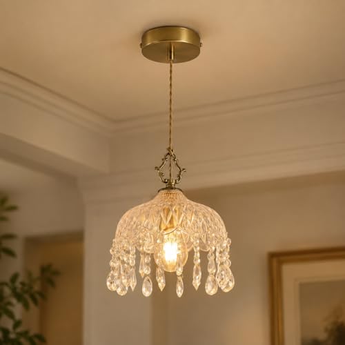 YDDUSWKFH Mini Crystal Pendant Light, Gold Brass Hanging Light with Adjustable Cord, Modern Farmhouse Glass Pendant Lighting for Kitchen Island, Dining Room, Bedroom