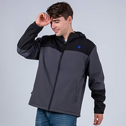 IUREK Chaqueta Calefactable Hombre ZD962, Chauqueta Deportiva Térmica con Capucha, Patchwork Negra y Gris con Powerbank 10000 mAh, 3 Temperaturas, 3 Zonas de Calefacción para Invierno Outdoor