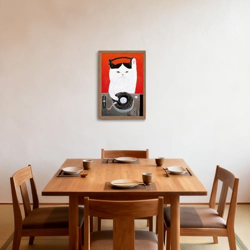 木子誉絵画館 アートパネル ポスター DJの猫（白） 動物画 絵画 インテリア おしゃれ ウォールアート 猫の絵 玄関 階段 廊下 寝室 リビング 壁飾り 木目調フレーム付きの完成品（40×30cm） [5]