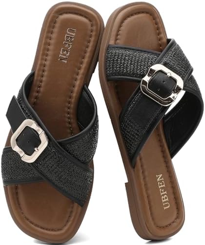 UBFEN Womens Flat Sandals Comfortable Summer Slide with Crisscros...