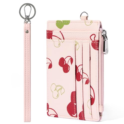 Image of BOSTANTEN Small Wallet For Women RFID Leather Credit Card Holder Slim Wristlet Keychain Wallet With Zipper Pocket, Cherry