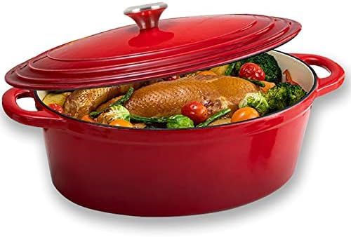 HUABANG Enameled Dutch Oven, Non-Stick Heavy-Duty Cast Iron Oval Stewpan, Enamel Coated Cookware with Lid for Induction, Electric, Gas & in Oven Compatible (Red, 33CM)