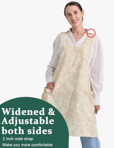 Image of Cozy Adjustable Cross Back Aprons for Women with Pockets Cotton Linen Cooking Kitchen Baking