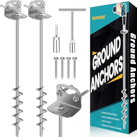 25" Ground Anchors Screw in, Mobile Home Anchors with Upgraded Wider Spiral Blades, Earth Shed Anchor High Wind Heavy Duty for Graden, Storage Shed, Trampoline, Carports, Swing Set(Silver-2x25in) Cover