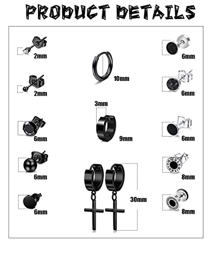 Bomail 20 Pairs Black Stud Earrings For Men Women - Stainless Steel Stud Earrings Small Cz Stud Earrings Piercing Huggie Hoop Earrings Set Jewelry #TOP1
