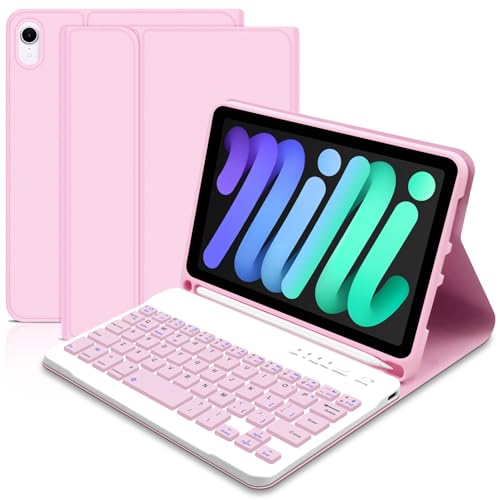 Case with Keyboard for iPad Mini 7 (A7 Pro), UK layout keyboard Case for iPad mini 7th/6th Gen 8.3 inch (2024/2021), Detachable Bluetooth Keyboard and Pencil Holder for ipad mini 7th/6th Gen, Pink