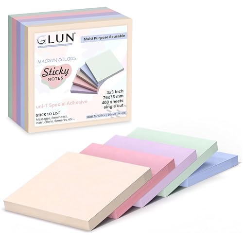 GLUN Cubo de notas adhesivas, 400 hojas (4 colores x 100 hojas), autoadhesivo para recordatorios, escuela, estudio y organización de oficina, 3 x 3 pulgadas, colores pastel Morandi