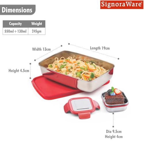 Image of SignoraWare Munch Mate Stainless Steel Lunch Box | Airtight & Leakproof | Durable & Compact | Easy to Carry | Ideal Tiffin for Office, School, Kids & Travel (550ml + 130ml | Red)