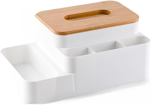 Multifunction Bamboo Tissue Box Holder with Storage 4-Cell Partition Desktop Organizer Box Remote Controller Box Pencil Pen Holder for Home and Office Supplies White